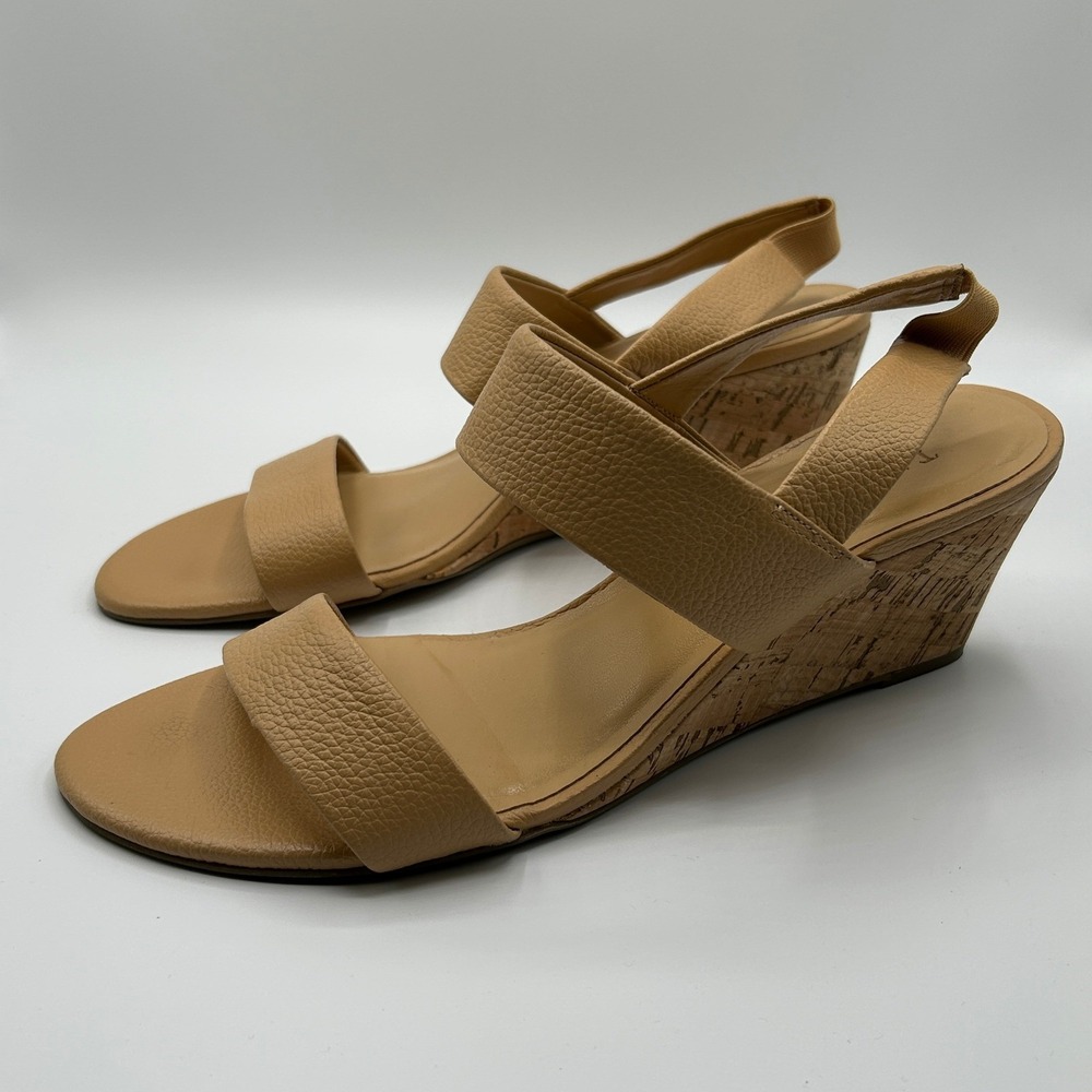 Talbots Tan Pebbled Leather Cork Wedge Slingback Sandals 11M Brazil Quiet Luxury